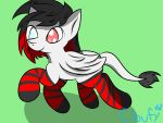  4:3 absurd_res ambiguous_gender black_hair clothing cloufy distracting_watermark equid equine fan_character feathered_wings feathers feral hair heterochromia hi_res legwear looking_at_viewer mammal multicolored_hair my_little_pony pterippus red_hair smile solo stockings thigh_highs watermark wings 