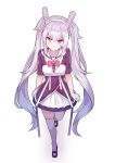  1girl absurdres alternate_costume azur_lane bangs black_footwear chinese_commentary commentary_request dress eyebrows_visible_through_hair from_above full_body highres laffey_(azur_lane) long_hair looking_at_viewer mary_janes nagisa_(cxcx5235) purple_eyes sailor_collar shoes short_sleeves sidelocks silver_hair simple_background skirt solo thighhighs twintails very_long_hair walking white_background white_legwear 