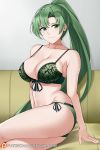  1girl aslindsamure ass bangs bare_shoulders bra breasts cleavage closed_mouth collarbone couch fire_emblem fire_emblem:_the_blazing_blade green_bra green_eyes green_hair green_panties highres large_breasts long_hair looking_at_viewer lyn_(fire_emblem) navel panties ponytail side-tie_panties sitting smile solo thighs underwear 