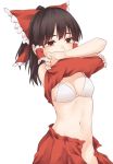  1girl bangs bare_shoulders black_hair bow bra breasts brown_eyes commentary_request cowboy_shot groin hair_bow hair_tubes hakurei_reimu half_updo highres lifted_by_self long_hair medium_breasts miyo_(ranthath) navel open_clothes open_skirt red_bow red_skirt sidelocks simple_background skirt skirt_set solo standing stomach touhou underwear undressing white_background white_bra 