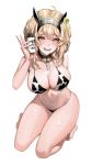  1girl ahoge animal_print barefoot bell bikini black_bikini blonde_hair blush bottle breasts choker cleavage cow_bell cow_horns cow_print feet highres horns ihobus kneeling large_breasts looking_at_viewer milk milk_bottle mole mole_on_breast nail_polish navel open_mouth original simple_background smile solo string_bikini swimsuit white_background white_bikini yellow_eyes 