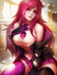  1girl bangs belt between_legs black_legwear blush breasts classroom collared_shirt gloves green_eyes hand_between_legs hand_up highres indoors jacket katarina_du_couteau kaze_no_gyouja large_breasts league_of_legends light_particles long_hair looking_at_viewer mismatched_legwear necktie off_shoulder open_mouth pink_legwear pink_neckwear pink_skirt red_hair red_lips scar scar_across_eye shirt sidelocks sitting skirt sleeveless sleeveless_shirt smile solo sunset white_shirt 