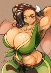  2019 abs anthro big_breasts bovid bovine breasts brown_fur capcom cattle chalo cleavage clothed clothing cosplay female fur green_eyes hair hands_behind_head horn huge_breasts las_lindas laura_matsuda mammal mora_linda muscular muscular_female signature solo street_fighter video_games webcomic wide_hips 