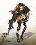  1girl ankle_strap baggy_clothes bangs black_bow black_bra black_gloves black_legwear black_nails black_skirt blush boots bow bra breasts brown_eyes brown_hair character_name cross-laced_footwear eyebrows_visible_through_hair fingerless_gloves floating_hair full_body girls_frontline gloves goggles goggles_on_head grin gun h&amp;k_ump h&amp;k_ump9 hair_between_eyes hair_bow hair_ornament hairclip heckler_&amp;_koch highres holding holding_gun holding_weapon infukun jacket lace-up_boots long_hair looking_at_viewer mod3_(girls_frontline) official_art partially_unbuttoned pouch ribbon scar scar_across_eye shirt sidelocks single_knee_pad single_leg_pantyhose skirt smile sports_bra standing submachine_gun suppressor thigh_strap trigger_discipline twintails ump9_(girls_frontline) underwear walkie-talkie weapon white_shirt 