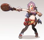  1girl amonitto black_legwear blue_hair blush breasts cleavage fang final_fantasy final_fantasy_crystal_chronicles fur_trim green_eyes large_breasts long_hair midriff navel open_mouth sandals selkie skin_fang skirt smile solo thighhighs 