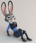  2019 3d_(artwork) anthro claws clothing digital_media_(artwork) disney eyebrows eyelashes female fingers fur grey_fur hi_res judy_hopps lagomorph leporid long_ears looking_pleasured looking_up mammal melo open_mouth paws pink_nose purple_eyes rabbit simple_background sitting smile solo teeth toes tongue tongue_out uniform wide_hips zootopia 