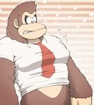  anthro ape bodily_fluids bottomless brown_fur clenched_teeth clothed clothing donkey_kong_(character) donkey_kong_(series) featureless_crotch fur gorilla haplorhine japanese_text male mammal minashirazu necktie nervous nintendo pecs primate shirt solo star sweat tan_skin teeth text topwear video_games 