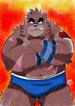  2019 anthro black_nose brown_fur clothing fur kamui_shirow male mammal overweight overweight_male scar solo underwear ursid wrestler 