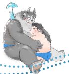  2019 anthro blush butt clothing duo eyes_closed hi_res hug human humanoid_hands male male/male mammal overweight overweight_male s_ouo simple_background swimwear tokyo_afterschool_summoners tsathoggua video_games white_background 