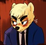  2019 aggressive_retsuko anai_(aggretsuko) anthro badger black_eyes blush bodily_fluids brown_markings cheek_tuft clothed clothing eye_markings facial_markings fizzy-dog flustered frown head_down head_markings head_tuft hi_res jacket japanese_badger looking_away male mammal markings meles mustelid musteline necktie red_background sanrio signature simple_background solo suit sweat topwear tuft 