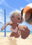  1girl abs absurdres ball bare_arms beach beachball blue_sky breasts buruma clenched_hand dark_skin day green_eyes green_hair hairband half-closed_eyes highres muscle muscular_female outdoors parted_lips pokemon pokemon_(game) pokemon_swsh putchers saitou_(pokemon) sand short_hair sky solo sports_bra sportswear summer volleyball volleyball_uniform 