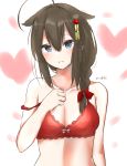  1girl :d ahoge bare_shoulders black_hair blue_eyes bow bra braid breasts cleavage collarbone commentary_request hair_bow hair_flaps hair_ornament hair_ribbon heart highres kantai_collection long_hair looking_at_viewer open_mouth red_bra remodel_(kantai_collection) ribbon shigure_(kantai_collection) signature simple_background single_braid sketch smile solo underwear white_background yamamura_umi 