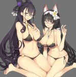  2girls alternate_costume animal_ears bikini black_bikini black_hair breasts collarbone double_bun eyebrows_visible_through_hair fate/grand_order fate_(series) fox_ears fox_girl glasses grey_background hair_between_eyes hairband highres jewelry lady_foxy large_breasts long_hair looking_at_viewer magatama_necklace multiple_girls murasaki_shikibu_(fate) navel necklace o-ring o-ring_bikini o-ring_bottom osakabe-hime_(fate/grand_order) purple_eyes red-framed_eyewear semi-rimless_eyewear side-tie_bikini simple_background sitting swimsuit twintails very_long_hair white_hairband yuguru 