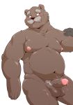  2019 absurd_res anthro balls belly blush bodily_fluids brown_fur cum disembodied_hand duo facial_hair fur genital_fluids hi_res humanoid_hands humanoid_penis jumperbear male mammal mature_male moobs mustache navel nipples overweight overweight_male penis precum pubes simple_background solo_focus sweat ursid white_background 