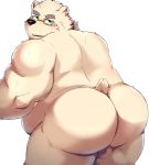  2019 absurd_res anthro backsack balls belly bhtoss big_butt black_nose blue_eyes blush butt cute_fangs eyewear glasses hi_res leib_(tas) male mammal overweight overweight_male polar_bear simple_background solo tokyo_afterschool_summoners ursid ursine video_games white_background 