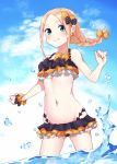  1girl abigail_williams_(fate/grand_order) alternate_hairstyle bangs bikini blonde_hair blue_eyes blue_sky blush bow braid cloud emerald_float fate/grand_order fate_(series) flat_chest frilled_bikini frills groin hair_bow highres kopaka_(karda_nui) long_hair looking_at_viewer navel parted_bangs single_braid sky solo swimsuit wading 