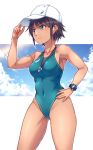  1girl asics baseball_cap black_hair blue_sky breasts cloud collarbone commentary_request competition_swimsuit covered_navel green_eyes green_swimsuit hand_on_hip hat highleg highleg_swimsuit logo medium_breasts mendou_saya one-piece_swimsuit original short_hair sky solo swimsuit watch whistle whistle_around_neck white_headwear wristwatch 