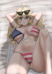  1girl ahoge american_flag_bikini bikini blonde_hair blue_eyes breasts commentary_request flag_print front-tie_bikini front-tie_top highres iowa_(kantai_collection) kantai_collection large_breasts long_hair looking_at_viewer lying navel on_back print_bikini shadow smile solo star star-shaped_pupils swimsuit symbol-shaped_pupils t2r untied untied_bikini 