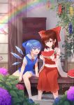  2girls :d arm_support ascot bangs bare_shoulders blue_bow blue_dress blue_eyes blue_flower blue_footwear blue_hair blush bow bowtie breasts brown_hair bucket cirno commentary_request crop_top detached_sleeves drawer dress eyebrows_visible_through_hair flower food frilled_bow frilled_shirt_collar frills fruit hair_bow hakurei_reimu highres holding holding_food holding_fruit hydrangea ice ice_wings imoutochiru leaf long_hair long_sleeves looking_at_another midriff multiple_girls navel ofuda open_mouth pinafore_dress plant purple_flower rain rainbow red_bow red_eyes red_flower red_neckwear red_skirt shirt shoes short_dress short_hair short_sleeves sidelocks sitting skirt skirt_set small_breasts smile soaking_feet socks touhou watermelon white_legwear white_shirt wide_sleeves wings yellow_neckwear 