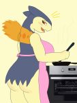  anthro bodily_fluids breasts butt clothing cooking cute_fangs eyelashes female fire fur hi_res hoodie_stalker looking_back mammal mustelid nintendo open_mouth pok&eacute;mon pok&eacute;mon_(species) red_eyes simple_background slightly_chubby smile solo standing sweat typhlosion video_games yellow_fur 
