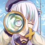  1girl absurdres beret bird hair_bun hat highres one_eye_closed school_uniform serafuku short_hair silver_hair sky solo star star-shaped_pupils symbol-shaped_pupils telescope warship_girls_r yimaxue yukikaze_(warship_girls_r) 