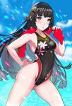  1girl aiuchi black_hair black_swimsuit blue_sky blush breasts cloud collarbone commentary_request competition_swimsuit covered_navel cowboy_shot day eyebrows_visible_through_hair girls_frontline highleg highleg_swimsuit highres lens_flare long_hair looking_at_viewer one-piece_swimsuit outdoors red_eyes red_towel sky small_breasts solo standing swimsuit type_100_(girls_frontline) 