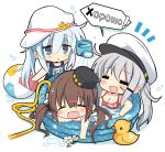  3girls ball bangs beachball bikini blush breasts brown_hair chibi cleavage eyebrows_visible_through_hair facial_scar flat_cap flower gangut_(kantai_collection) hair_ornament hair_ribbon hairclip hammer_and_sickle hat hibiki_(kantai_collection) highres hizuki_yayoi kantai_collection long_hair low_twintails multiple_girls name_tag one-piece_swimsuit open_mouth papakha partially_submerged peaked_cap ponytail pool ribbon rubber_duck russian_text scar scar_on_cheek school_swimsuit silver_hair simple_background star swimsuit tashkent_(kantai_collection) triangle_mouth twintails verniy_(kantai_collection) wading_pool water watering_can white_background 