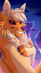  2019 ambiguous_gender anthro black_sclera canid canine citrinelle detailed_background digital_media_(artwork) fox fur hi_res looking_at_viewer mammal night orange_fur outside purple_nose red_eyes sky smile solo star starry_sky tan_fur teeth 