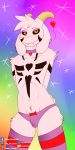  &lt;3 asriel_dreemurr_(god_form) bedroom_eyes blush bovid bow bulge caprine clothed clothing collar girly goat half-closed_eyes hands_behind_back hi_res kumas_corner legwear male mammal panties partially_clothed presenting rainbow seductive socks solo sparkles tattoo thick_thighs undertale underwear video_games 