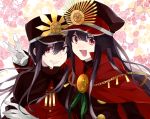  1boy 1girl 310_(satopoppo) :d black_cape black_hair black_headwear cape chain fate/grand_order fate_(series) floral_background gloves grin hat long_hair looking_at_viewer military_hat oda_nobukatsu_(fate/grand_order) oda_nobunaga_(fate) open_mouth red_cape red_eyes sidelocks smile upper_body v very_long_hair white_gloves 
