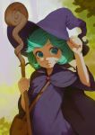  1girl adjusting_clothes adjusting_hat alkemanubis berserk blue_eyes commentary english_commentary green_hair hat highres schierke short_hair solo staff witch witch_hat 