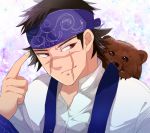  1boy 310_(satopoppo) ainu_clothes asirpa asirpa_(cosplay) bandana bear black_hair cosplay costume_switch facial_scar golden_kamuy red_eyes scar simple_background sugimoto_saichi upper_body 