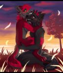  2019 4_toes anthro anthro_on_anthro black_fur black_nose breasts canid canine canis citrinelle day detailed_background digital_media_(artwork) duo female fur grass hair hi_res kneeling male male/female mammal outside red_eyes red_fur red_hair sky teeth toes tongue wolf 