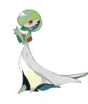  1girl apios1 blush dress full_body gardevoir gen_3_pokemon gen_4_pokemon green_hair hair_over_one_eye highres looking_at_viewer no_humans pokemon pokemon_(creature) red_eyes short_hair simple_background solo white_background 