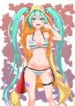  1girl arm_at_side ass_visible_through_thighs bangs bare_shoulders bikini blush breasts cheek_pull cleavage collarbone commentary_request cowboy_shot earrings eyebrows_visible_through_hair finger_in_mouth green_eyes green_hair groin hair_between_eyes halter_top halterneck hatsune_miku heartsix highres holding holding_megaphone jewelry long_hair looking_at_viewer medium_breasts megaphone midriff mouth_pull navel number open_mouth side-tie_bikini sidelocks skindentation sleeveless smile solo standing star star_earrings stomach striped striped_bikini swimsuit teeth thigh_strap twintails very_long_hair vocaloid 