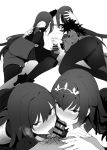  2girls ass bangs bare_shoulders blush bodysuit breasts dress dual_persona erection fate/grand_order fate_(series) fellatio fur_trim greyscale hair_between_eyes handjob hetero kiss large_breasts licking licking_penis long_hair monochrome multiple_fellatio multiple_girls nipple_licking oral pantyhose pauldrons penis scathach_(fate)_(all) scathach_(fate/grand_order) scathach_skadi_(fate/grand_order) simple_background thighs tiara tongue tongue_out white_background yang-do 