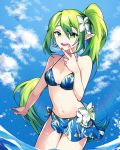  1girl :d bikini blue_bikini blue_sky breasts chuki_(lydia) cleavage cloud collarbone cowboy_shot day earrings elsword flower green_eyes green_hair hair_between_eyes hair_flower hair_ornament halterneck highres jewelry long_hair medium_breasts open_mouth outdoors pointy_ears print_bikini rena_erindel sarong shiny shiny_hair side_ponytail sky smile solo standing swimsuit thigh_gap very_long_hair wading white_flower 