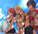  1boy 2girls absurdres alfonse_(fire_emblem) anna_(fire_emblem) ball beachball bikini blonde_hair blue_hair blue_sky braid breasts brother_and_sister cleavage closed_mouth cloud crown_braid day ebinku fire_emblem fire_emblem_heroes gradient_hair green_eyes grin highres holding hood hood_down long_hair male_swimwear multicolored_hair multiple_girls navel one_eye_closed open_mouth outdoors ponytail red_eyes red_hair sharena short_hair short_sleeves siblings sky smile swim_trunks swimsuit swimwear 