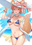  1girl absurdres animal_ears ayana2123 bare_shoulders beach bikini blue_bikini blush bow breasts cleavage collarbone commentary_request cosplay ears_through_headwear eyebrows_visible_through_hair fate/grand_order fate_(series) fox_ears fox_tail fujimaru_ritsuka_(female) hair_between_eyes hair_ornament hat hat_bow highres jewelry large_hat medium_breasts navel necklace orange_hair outdoors red_bow short_hair side-tie_bikini solo swimsuit tail tamamo_(fate)_(all) tamamo_no_mae_(swimsuit_lancer)_(fate) tamamo_no_mae_(swimsuit_lancer)_(fate)_(cosplay) water white_bow white_headwear 