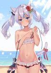  1girl absurdres animal_ears ass_visible_through_thighs azur_lane bangs bare_shoulders beach bikini blue_eyes blush breasts cat_ears cat_tail collarbone commentary_request covering covering_breasts cowboy_shot day eyebrows_visible_through_hair flower frilled_bikini frills frown hair_flower hair_ornament hammann_(azur_lane) highres izumo_neru looking_at_viewer medium_hair navel ocean outdoors ribbon small_breasts solo standing stomach strap_slip swimsuit tail tail_ribbon tan tanline thigh_gap twintails water water_drop white_hair 