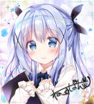  1girl absurdres bangs black_ribbon blue_bow blue_vest blurry blurry_background blurry_foreground blush bow closed_mouth collared_shirt commentary_request eyebrows_visible_through_hair fingernails gochuumon_wa_usagi_desu_ka? hair_between_eyes hair_intakes hair_ornament hair_ribbon hands_up highres kafuu_chino long_hair long_sleeves neko_pan petals rabbit_house_uniform ribbon shirt signature sleeves_past_wrists smile solo sparkle twintails uniform upper_body vest waitress white_shirt x_hair_ornament 