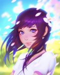  1girl black_hair blue_eyes blurry blurry_background close-up day face facial_mark flower hair_flower hair_ornament highres ilya_kuvshinov lips long_hair looking_at_viewer outdoors petals smile solo wins 