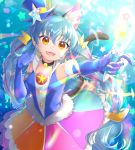  1girl :d absurdres animal_ear_fluff animal_ears aqua_hair blue_gloves blue_headwear boots braid cat_ears cat_girl cat_tail cure_cosmo fur-trimmed_gloves fur_trim gloves highres holding huge_filesize long_hair multicolored multicolored_clothes multicolored_hair multicolored_skirt open_mouth outstretched_arm pink_hair precure rainbow_skirt revision skirt smile star_twinkle_precure tail tail_raised tail_ring thigh_boots thighhighs twin_braids very_long_hair yellow_eyes yuni_(precure) yupiteru 