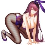  1girl absurdres all_fours animal_ears ass bare_shoulders black_legwear blush breasts bunny_ears bunny_girl bunny_tail bunnysuit cleavage eyebrows_visible_through_hair fake_animal_ears fake_tail fate/grand_order fate_(series) fishnet_pantyhose fishnets higandgk high_heels highres large_breasts leotard long_hair looking_at_viewer open_mouth pantyhose purple_hair purple_leotard red_eyes scathach_(fate)_(all) scathach_(fate/grand_order) sidelocks simple_background solo strapless strapless_leotard tail thighs very_long_hair white_background 