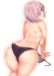  1girl ass back bikini blush breasts fate/grand_order fate_(series) hair_over_one_eye highres kawai large_breasts lavender_hair looking_at_viewer looking_back mash_kyrielight purple_bikini purple_eyes simple_background solo swimsuit thighs topless white_background 