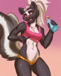  2019 5_fingers abs anthro athletic bra breasts cheek_tuft clothing doriangolovka eyebrows female finger_claws fingers fur grey_fur hair hi_res holding_object mammal mephitid midriff navel open_mouth open_smile panties pink_nose ponytail simple_background skunk smile solo sonya_mayers sports_bra teeth tuft underwear white_eyebrows white_hair 