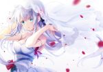  1girl :o aqua_eyes armlet arms_up bangs bare_shoulders blue_hair blush breasts bridal_veil cleavage collarbone colored_eyelashes commentary_request dress eyebrows_visible_through_hair flower highres kisaragi_yuri long_hair looking_at_viewer medium_breasts motion_blur original parted_lips petals pink_ribbon red_flower red_rose ribbon rose rose_petals see-through sidelocks simple_background sleeveless sleeveless_dress solo tareme twintails underbust upper_body veil wedding_dress white_background white_dress 