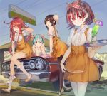  4boys aqua_hair band_yarouze! black_hair black_legwear blush brown_hair bun_cover car crossdressing cure2tron dress drive-in eyes_visible_through_hair geta green_eyes ground_vehicle highlights looking_at_viewer male_focus miley_(band_yarouze!) mint_(band_yarouze!) motor_vehicle multicolored_hair multiple_boys official_art pantyhose red_hair shelly_(band_yarouze!) smile waitress yukiho_(band_yarouze!) yuugen 