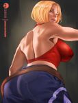  1girl ass back backless_outfit belt blonde_hair blue_eyes blue_mary bob_cut breasts fatal_fury halter_top halterneck impossible_clothes large_breasts lips looking_back loose_belt nose patreon_username rejean_dubois short_hair sleeveless solo the_king_of_fighters watermark web_address 