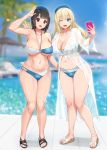  2girls aqua_eyes atago_(kantai_collection) bandeau beret bikini blonde_hair blue_bikini blush breasts brown_hair cellphone cleavage collarbone commentary_request eyebrows_visible_through_hair full_body hat highres kantai_collection kusaka_souji large_breasts long_hair multi-strapped_bikini multiple_girls navel one_eye_closed open_mouth phone red_eyes revision sandals see-through self_shot short_hair smartphone swimsuit takao_(kantai_collection) thighs two-tone_bikini v water waving 